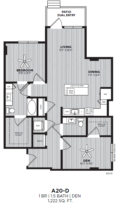Floor plan for 1 bed, 1.5 baths, 1222 sqft
